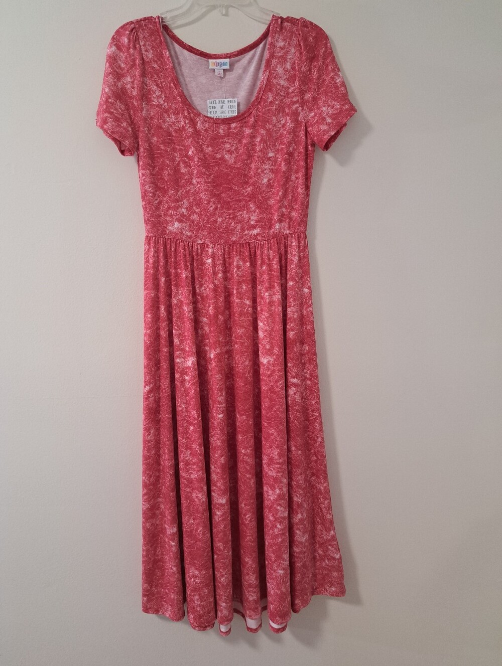 LuLaRoe Riley Midi Dress Short Sleeve Pink White Static Tie dye Size Small NWT